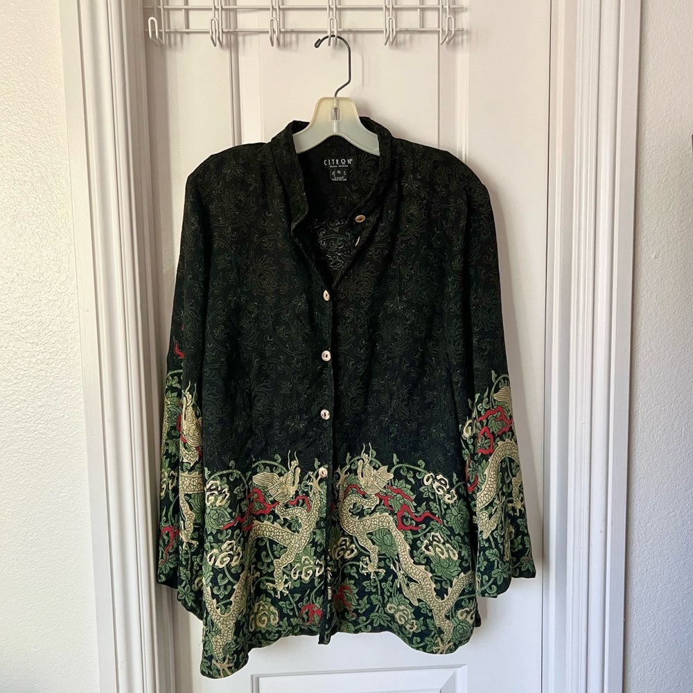 Citron Santa Monica 100% Silk Button Front Top XL Black Green Asian Dragon